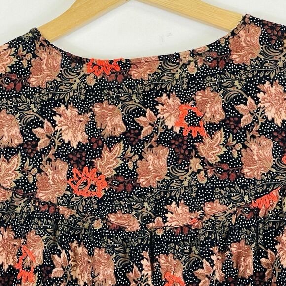 Zara Trafaluc Brown Black Dot Floral Stitch Long Sleeve‎ Blouse Top Womens Small - Picture 5 of 8